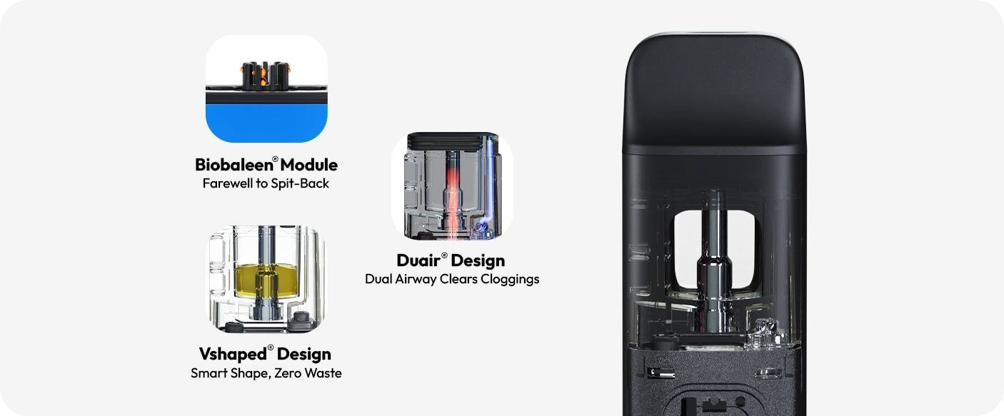 Biobaleen® to filter spit-back, Duair® to prevent clogs, and Vshaped®